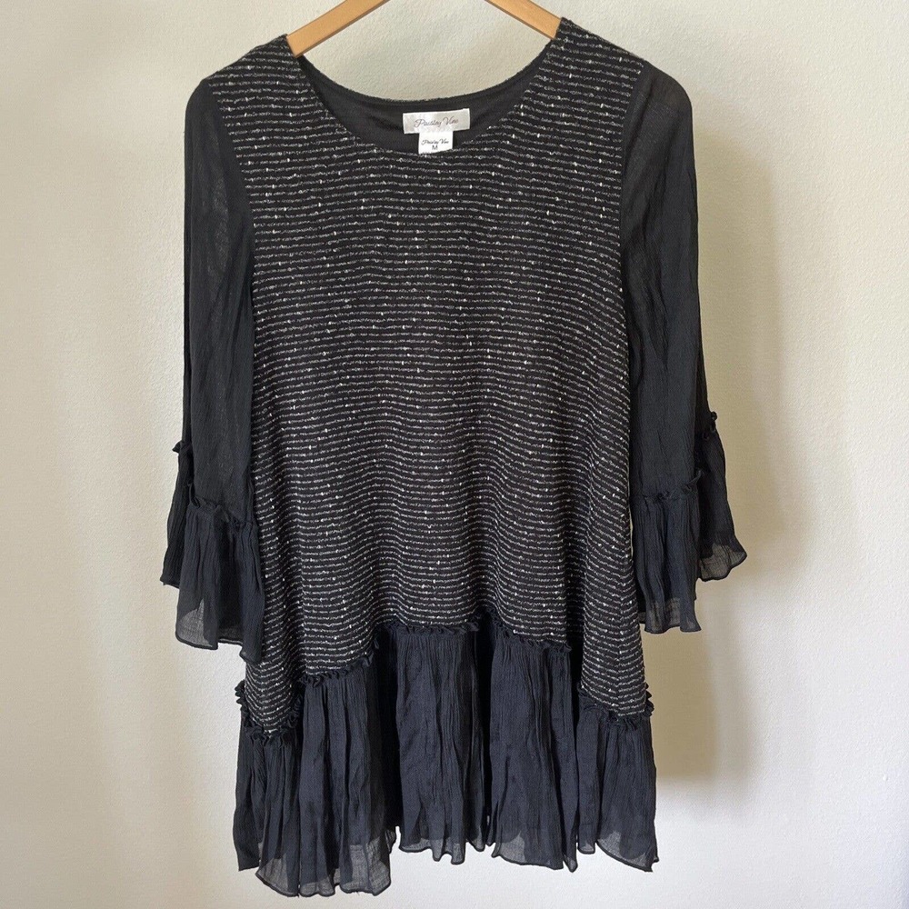 Paisley Vine Black Tunic Top Womens Sz M Peplum Ruffle Gauzy Flare 3/4 Sleeve